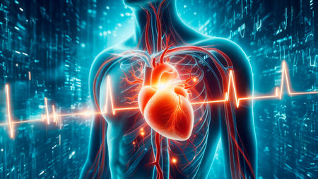 Human heart anatomy with cardiogram on blue background. 3d illustrationの素材