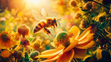 Bee on flower. Beautiful spring nature background. Vintage style toned pictureの素材