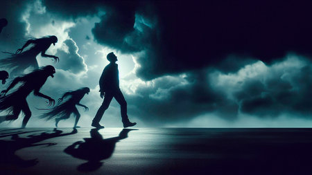 Silhouette of a man in front of a stormy skyの素材