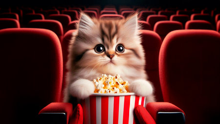 Cute kitten with big eyes sitting in cinema and eating popcorn.の素材