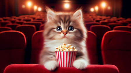 Cute kitten in movie theater with popcorn in hand. Cinema conceptの素材