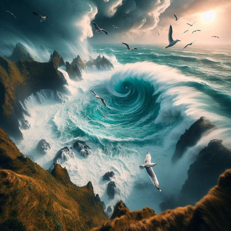 Fantasy landscape with waves and seagulls. 3d renderingの素材