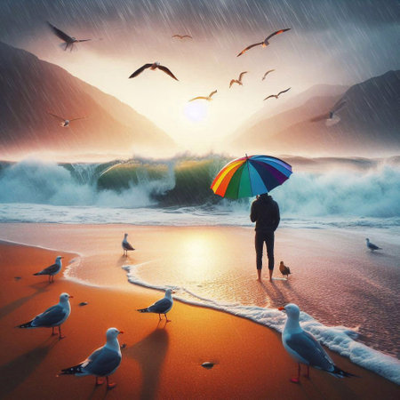 Woman with umbrella and seagulls on the beach at sunsetの素材