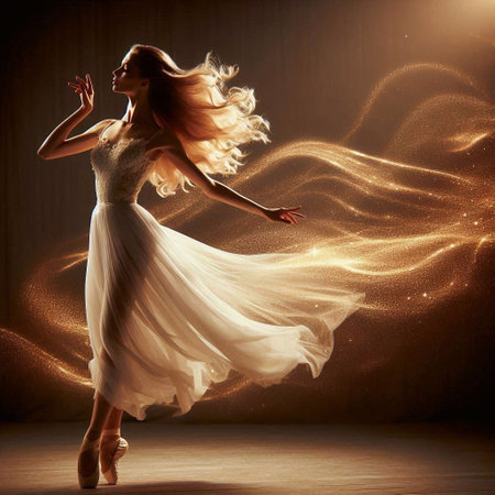 Beautiful ballerina in white dress dancing on dark background.の素材