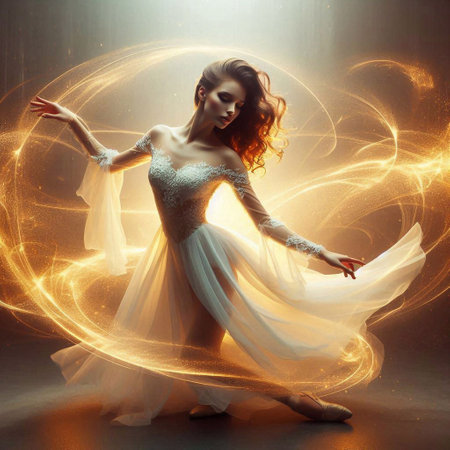 Beautiful young woman in a white dress dancing in the rays of lightの素材