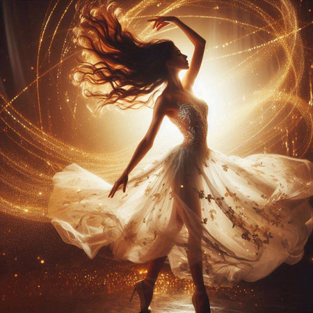 Beautiful young woman dancing in the studio with golden bokehの素材