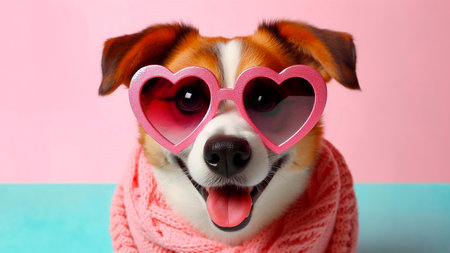 Dog with heart shaped glasses and scarf on color background, closeupの素材