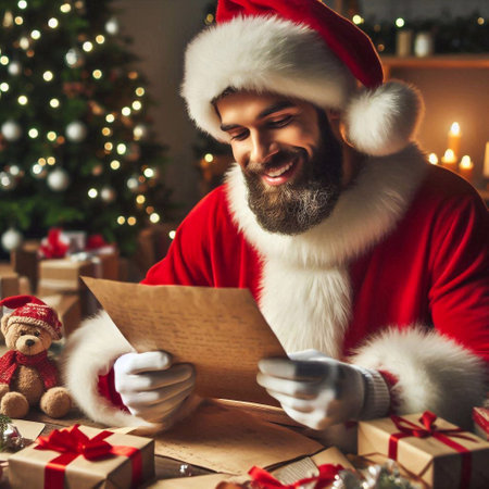 happy man in santa claus costume reading letter at christmas treeの素材