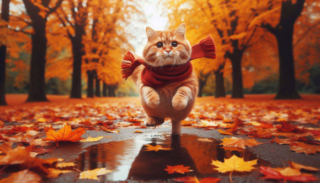Funny ginger cat in red scarf and scarf walking in autumn park.の素材