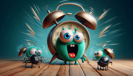 Funny cartoon monster with alarm clock on wooden floor. 3D renderingの素材