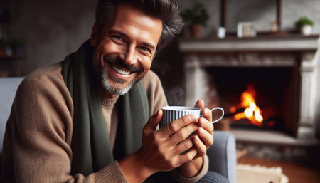 Smiling man holding cup of coffee in front of fireplace at homeの素材