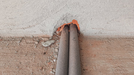 Plastic pipes on a concrete wall. Repair and construction concept.の写真素材