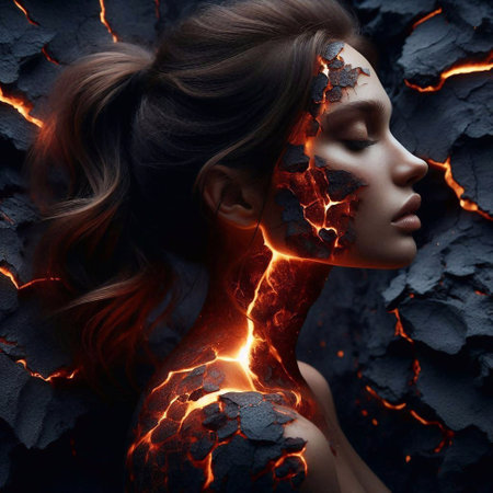 Beautiful girl with a fiery make-up on a background of lavaの素材