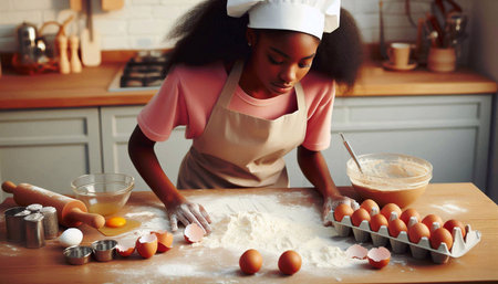 African american woman in apron and chef hat kneading dough on kitchen.の素材