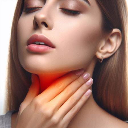 Beautiful young woman with sore throat, closeup. Health care conceptの素材