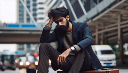 Portrait of a bearded Indian businessman sitting on a suitcase in the cityの素材