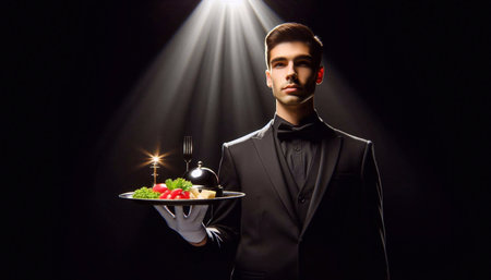 Waiter with tray of food on dark background with spotlights.の素材