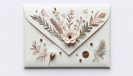 Top view of envelope decorated with flowers and leaves on white background.の素材