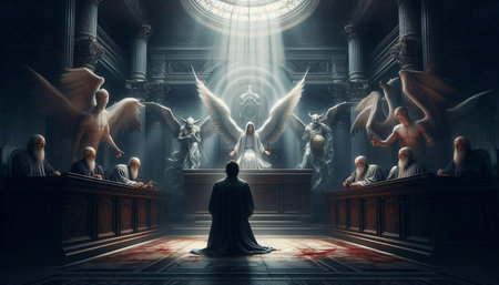Jesus Christ and angels in the church, 3d digitally rendered illustrationの素材
