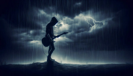 Silhouette of a man in raincoat playing guitar at nightの素材