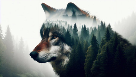 Digital composite of wolf in the forest with fog and mountain background.の素材