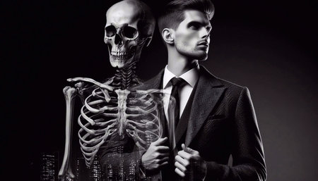 Handsome young man with skeleton in suit over dark background. Halloween theme.の素材