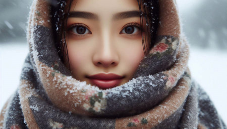 Portrait of a beautiful Asian woman wearing warm scarf and coat in winter.の素材