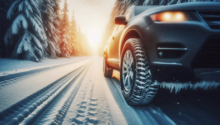 Car driving on winter road covered with snow during snowfall at sunsetの素材