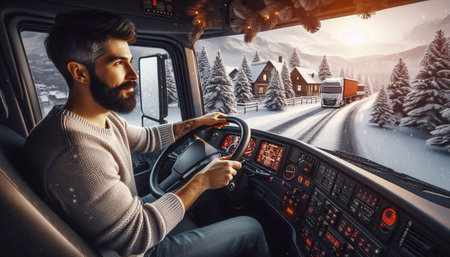 Handsome bearded man driving a car on a winter road.の素材