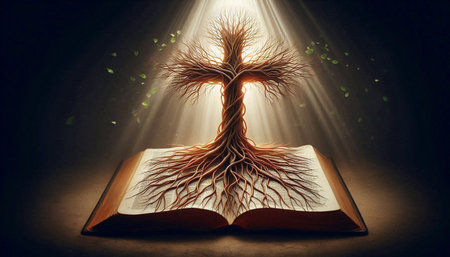 Tree growing from an open book with light beam coming through the pagesの素材