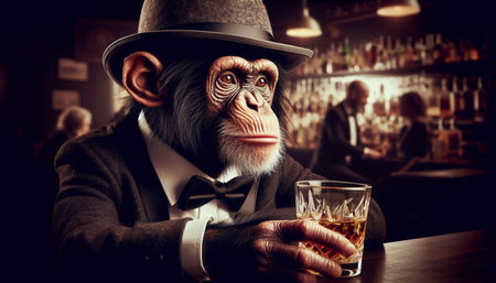 Monkey with a glass of whiskey and a bowler hat.の素材