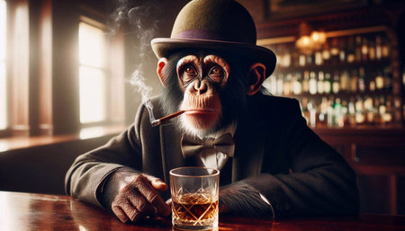Monkey with cigar and glass of whiskey. Close-up portrait.の素材