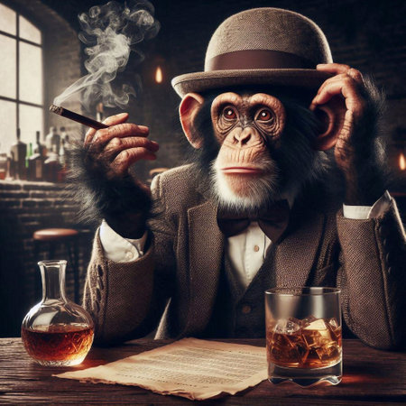 Monkey in a hat smokes a cigar and drinks whiskey. Retro style.の素材