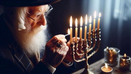 Senior man lighting candles for Hanukkah, jewish holidayの素材