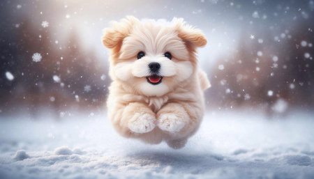Cute fluffy puppy playing in the snow in winter forest. Pet concept.の素材