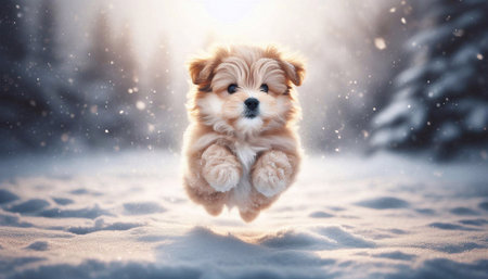 Cute fluffy puppy jumping in the snow. Winter nature background.の素材