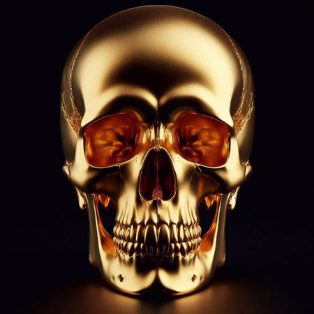 Gold human skull on black background. 3D illustration. Halloween concept.の素材