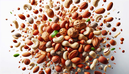 Mix of nuts on the white background. Healthy food concept. Top view.の素材