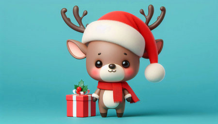 reindeer with santa claus hat and christmas giftの素材