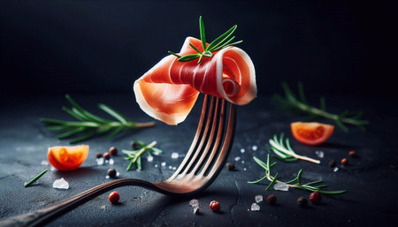 Prosciutto with rosemary and spices on a black backgroundの素材