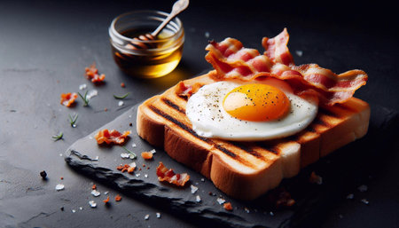 Toast with fried egg and bacon on a black stone background.の素材