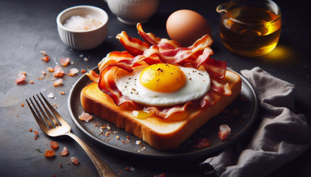 Breakfast toast with fried egg, bacon and cheese on dark backgroundの素材