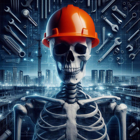 Human skeleton with hardhat and tools on industrial background. 3D renderingの素材