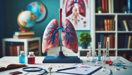 Human lungs and other medical objects on a table in the laboratory.の素材