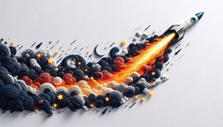 Rocket flying in the sky with stars and smoke. 3D rendering.の素材