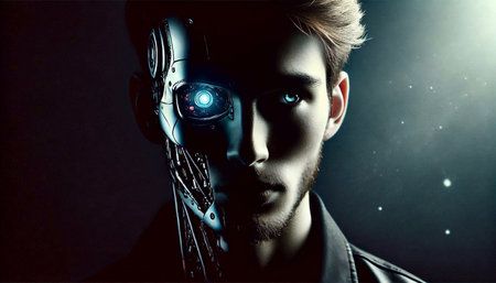 Close-up portrait of a futuristic male robot. 3d rendering.の素材