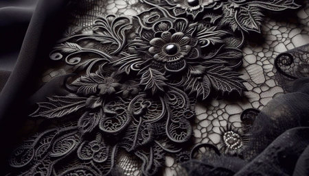 Texture, background, pattern. Lacy black fabric with lace trim. It is perfect for your design, accents, etc.の素材