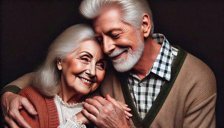 Portrait of smiling senior couple embracing each other and looking at cameraの素材