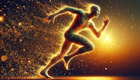 Digital composite of 3D human running against glowing orange background with particlesの素材