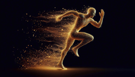 Running man made of golden particles on black background. 3d renderingの素材